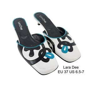 Lara Dee EU 37/6.5-7 White Black Turquoise Leather Square Toe Kitten Heel Mules